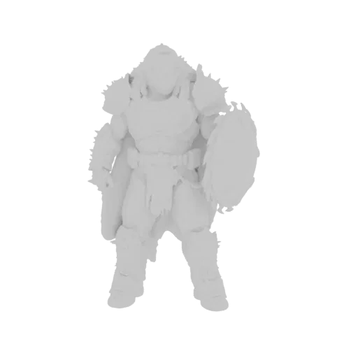 3D model of a fantasy warrior with spiked armor, a cape, and a shield, standing ready for battle.