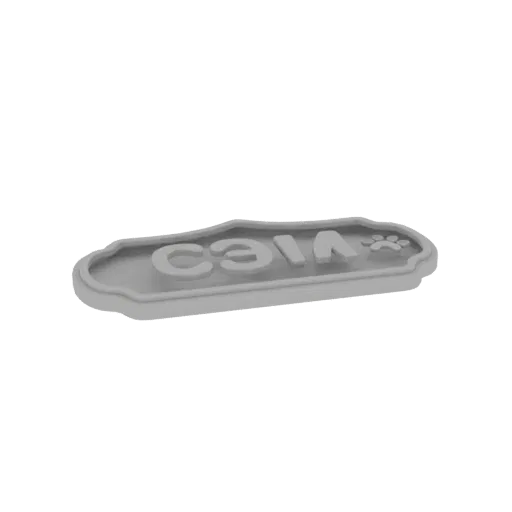 A 3D render of a grey name tag with the name 'Caia' and a paw print embossed on it.
