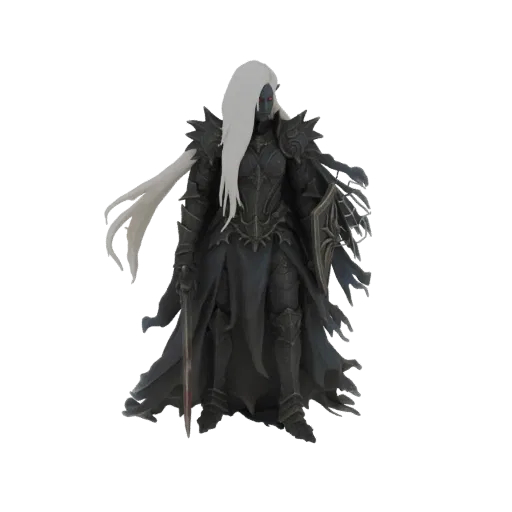 Modèle 3D d'un guerrier elfe noir avec cheveux blancs, yeux rouges, armure sombre, épée et bouclier, sur fond blanc.