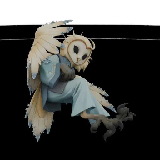 3D model of a wise barn owl wearing blue robes, sitting with its wings spread, looking thoughtful.