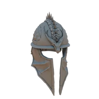 3D model of a grey Dragon Knight helmet with dragon scale details and a dragon face emblem.