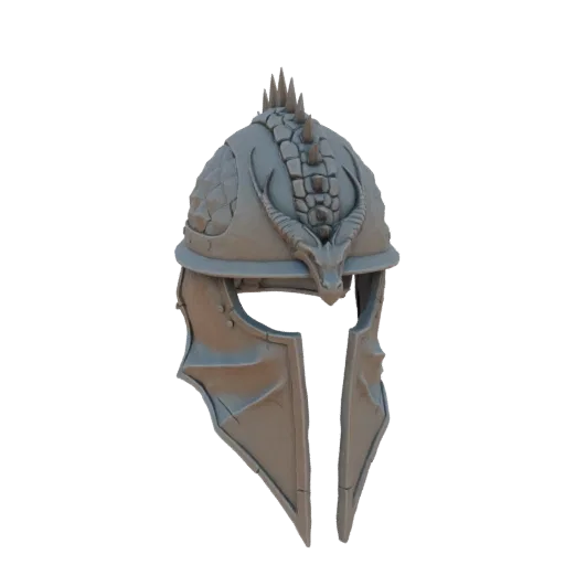 3D model of a grey Dragon Knight helmet with dragon scale details and a dragon face emblem.