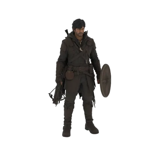 3D model of a fantasy ranger character holding a crossbow and a wooden shield, wearing dark leather armor.