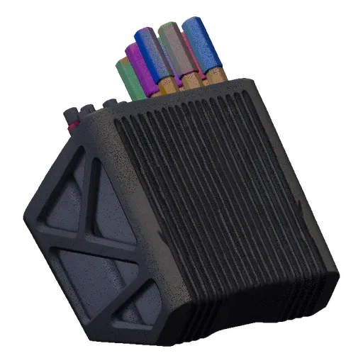 A 3D render of a futuristic, dark gray geometric pen holder filled with colorful pens and markers.