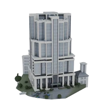 Modello 3D grattacielo moderno con facciata in vetro e edificio basso annesso, circondato da alberi e auto in miniatura.