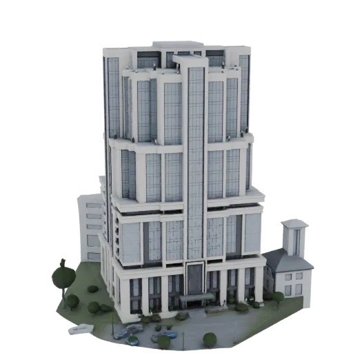 Modèle 3D gratte-ciel moderne façade verre bâtiment bas attenant arbres voitures.