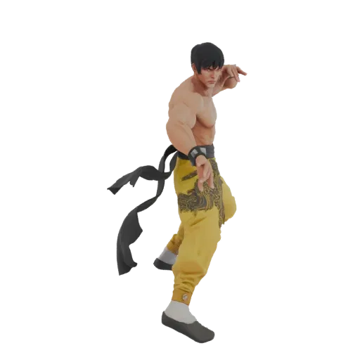 Modelo 3D de Bruce Lee em pose dinâmica de artes marciais, vestindo seu icônico fato amarelo com detalhes pretos, contra um f