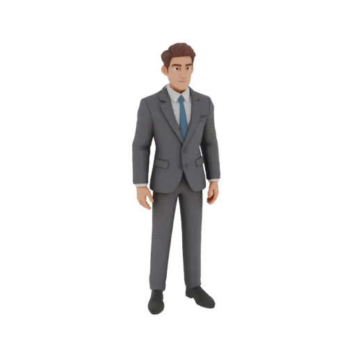 3D model of a man in a grey business suit and blue tie, standing upright