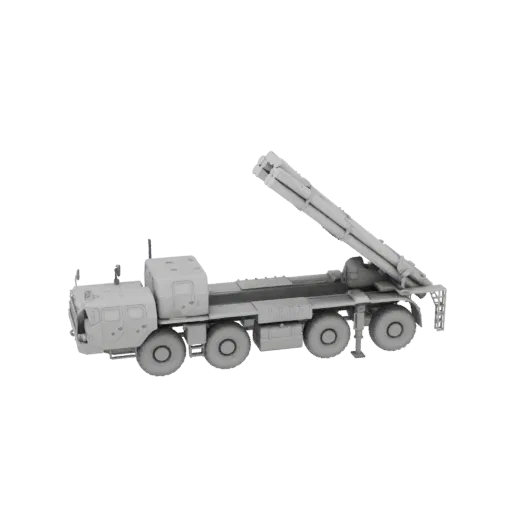 3D-Modell eines grauen MLRS-Raketenwerfer-LKWs mit erhobenen Abschussrohren, von der Seite gezeigt.