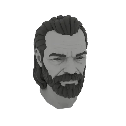 Render de modelo 3D de busto de guerrero canoso con barba texturizada y ojos intensos, sobre fondo negro.