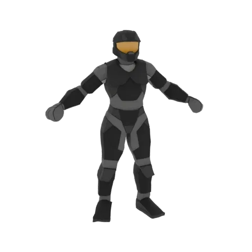 3D model of a sci-fi soldier in full black and grey armor with a yellow visor, standing with arms outstretched.