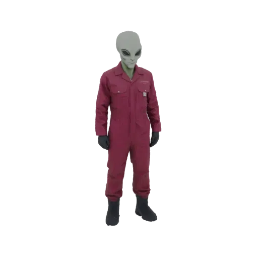 3D-Modell eines grauen Aliens in rotem Overall, schwarzen Handschuhen und schwarzen Stiefeln, stehend vor weißem Hintergrund.