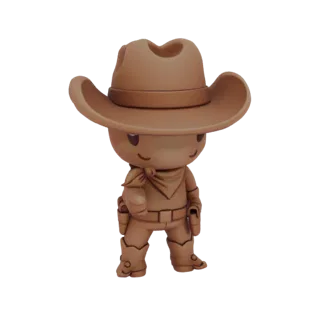 Un rendering 3D di una simpatica figurina chibi cowboy con cappello marrone, bandana e fondine, in piedi su uno sfondo bianco