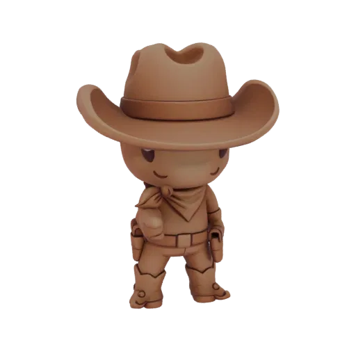 A 3D render of a cute chibi cowboy figurine with a brown hat, bandana, and holsters, standing against a white background.