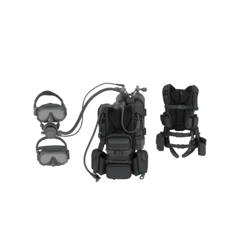 3D model of a tactical scuba gear set, showing a backpack, diving mask, and hoses on a black background.