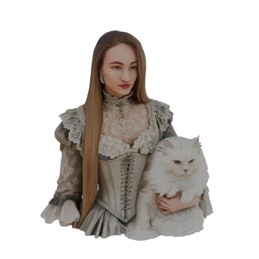 3D model of a Victorian lady in a detailed gown holding a fluffy white cat.