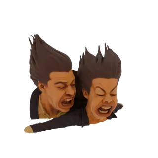 3D model of two exaggerated caricature heads screaming with wind-swept hair, rendered with realistic textures.