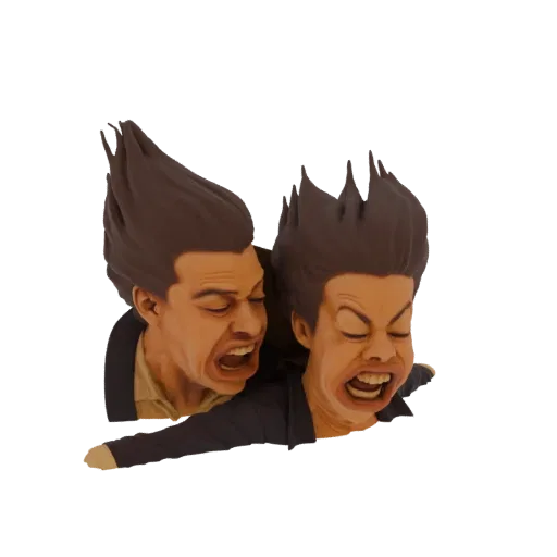 3D model of two exaggerated caricature heads screaming with wind-swept hair, rendered with realistic textures.