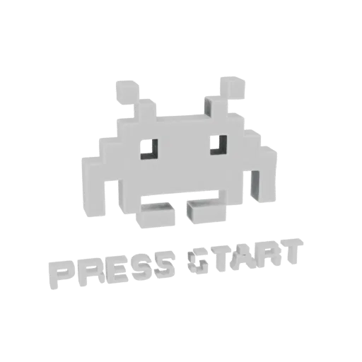 3D model of a pixelated Space Invader alien character with the words "PRESS START" below it, rendered in a light gray color.