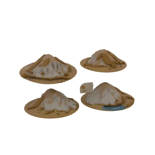 A 3D render of a desert oasis diorama set, showing four distinct desert mounds with a small water feature and a unique struct