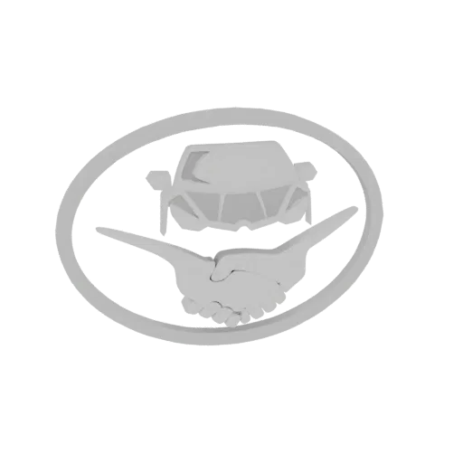 3D model of a car dealership emblem with a car silhouette and a handshake inside an oval frame.