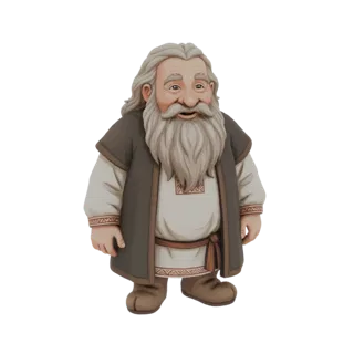 Modelo 3D de um anão idoso com barba branca longa, vestindo túnica tradicional e colete escuro, com expressão amigável.