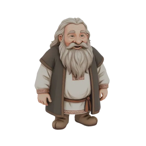 3D model of an elderly dwarf with a long white beard, wearing a traditional tunic and dark vest, with a friendly expression.
