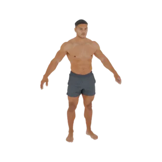 Modelo 3D de um homem musculoso em pé com os braços ligeiramente abertos para os lados, vestindo calção cinza.