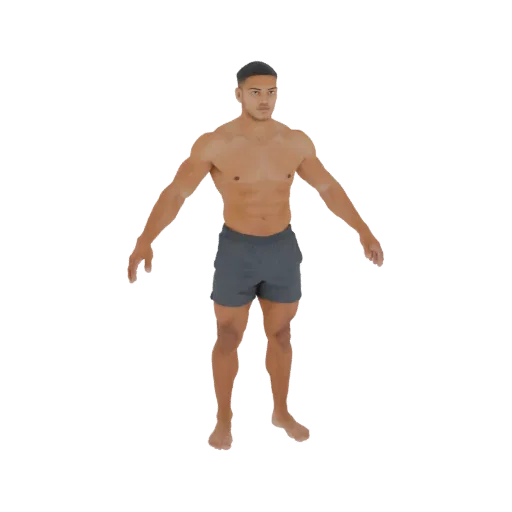 3D-Modell eines muskulösen Mannes in stehender Pose mit leicht seitlich ausgestreckten Armen, trägt graue Shorts.