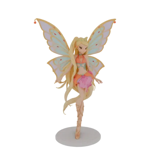3D-Modell einer Märchenprinzessin mit langem blondem Haar, großen transluzenten Flügeln und einem bunten Outfit, stehend auf