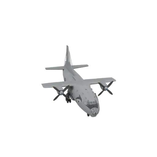 3D-Modell eines grauen Antonov An-12 "Cub" Turboprop-Transportflugzeugs mit vier Triebwerken und prominentem Heck.