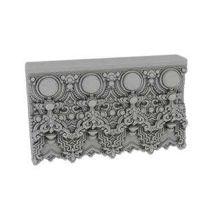 3D render of a grey, ornate architectural frieze with repeating circular motifs and intricate scrollwork, set against a white