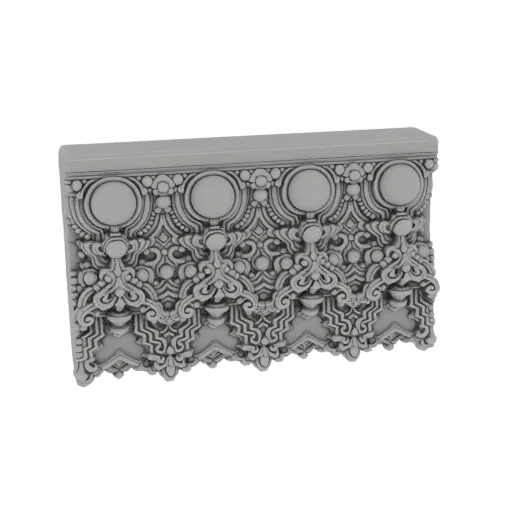 Rendering 3D di un fregio architettonico grigio e ornato con motivi circolari ripetuti e volute intricate, su sfondo bianco.
