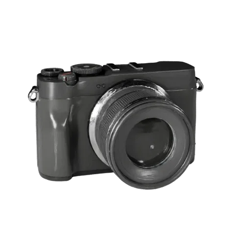 Mirrorless Instant Camera Realistic 3D model, three-quarter studio render, showing textured grips, lens barrels.
