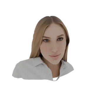 3D model render of an AI-generated young woman with blonde hair, wearing a white collared shirt, looking towards the viewer.