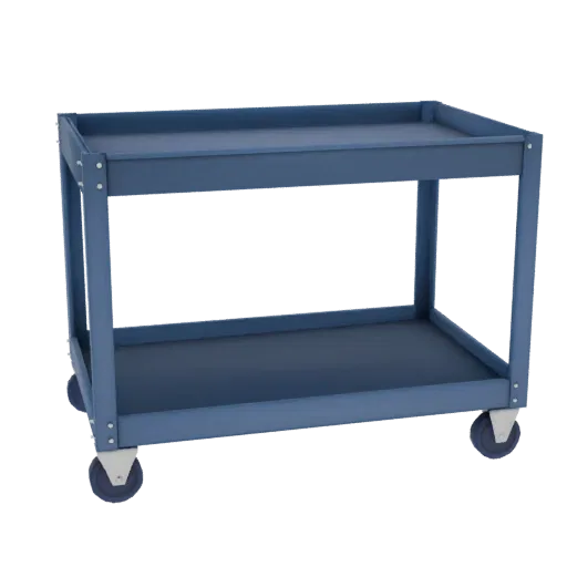 A 3D render of a blue two-tiered utility cart with wheels, presented on a black background.
