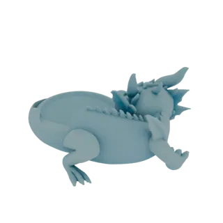Un modello 3D azzurro di un simpatico baby drago che sbuca da un guscio d'uovo rotto, con le zampe rannicchiate sotto.