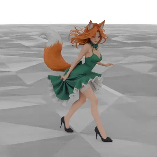 3D model of a foxy anime girl with orange hair, wearing a green dress and black heels, striking a dynamic pose.