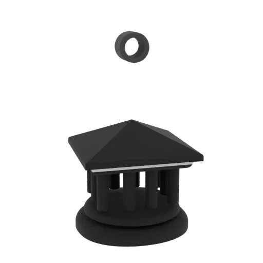 3D render of a classical temple building with a pitched roof, columns, and a suspended ring, set against a black background.