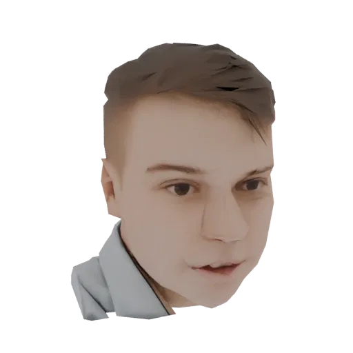 3D model render of a young man's head and shoulders, featuring short brown hair and a light blue shirt collar.