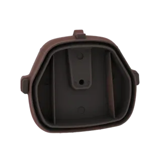 3D-Modell eines braunen Kunststoffbehälters mit internen Trennwänden, von oben betrachtet.