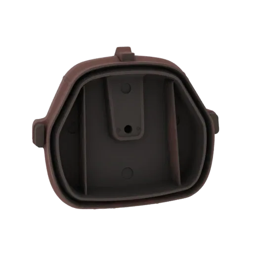 3D model of a brown plastic container with internal dividers, viewed from a top-down angle.