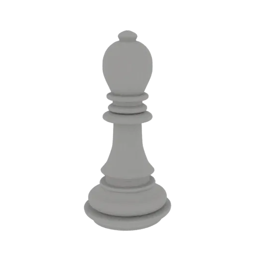 Un rendu 3D d'une pièce de fou d'échecs classique, montré dans un matériau gris neutre sur fond blanc.
