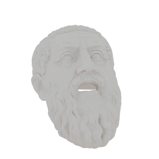 Modello 3D di un busto in marmo bianco di un filosofo greco antico con lunga barba e bocca aperta, su sfondo bianco.