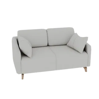 Un rendu 3D d'un canapé moderne deux places en tissu gris clair, avec deux coussins décoratifs et des pieds en bois, montré s