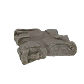3D-Render eines rissigen Stein-Geländeblocks mit einer aus dem Felsen ragenden Hand, vor weißem Hintergrund.