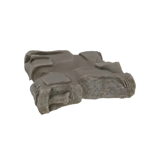 3D render of a cracked stone terrain block with a sculpted hand emerging from the rock, against a white background.
