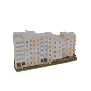 Modelo 3D de um edifício de apartamentos moderno com fachada pêssego e creme, várias janelas e varandas, sobre uma base verde