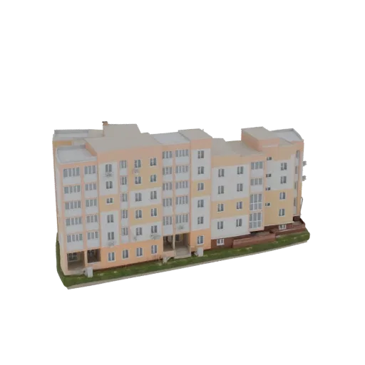3D model of a modern apartment building with peach and cream facade, multiple windows, and balconies, set on a green base.