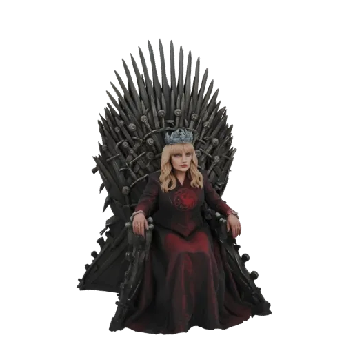 A 3D model of a queen with blonde hair, wearing a crown and a red gown, seated on the iconic Iron Throne made of swords.
